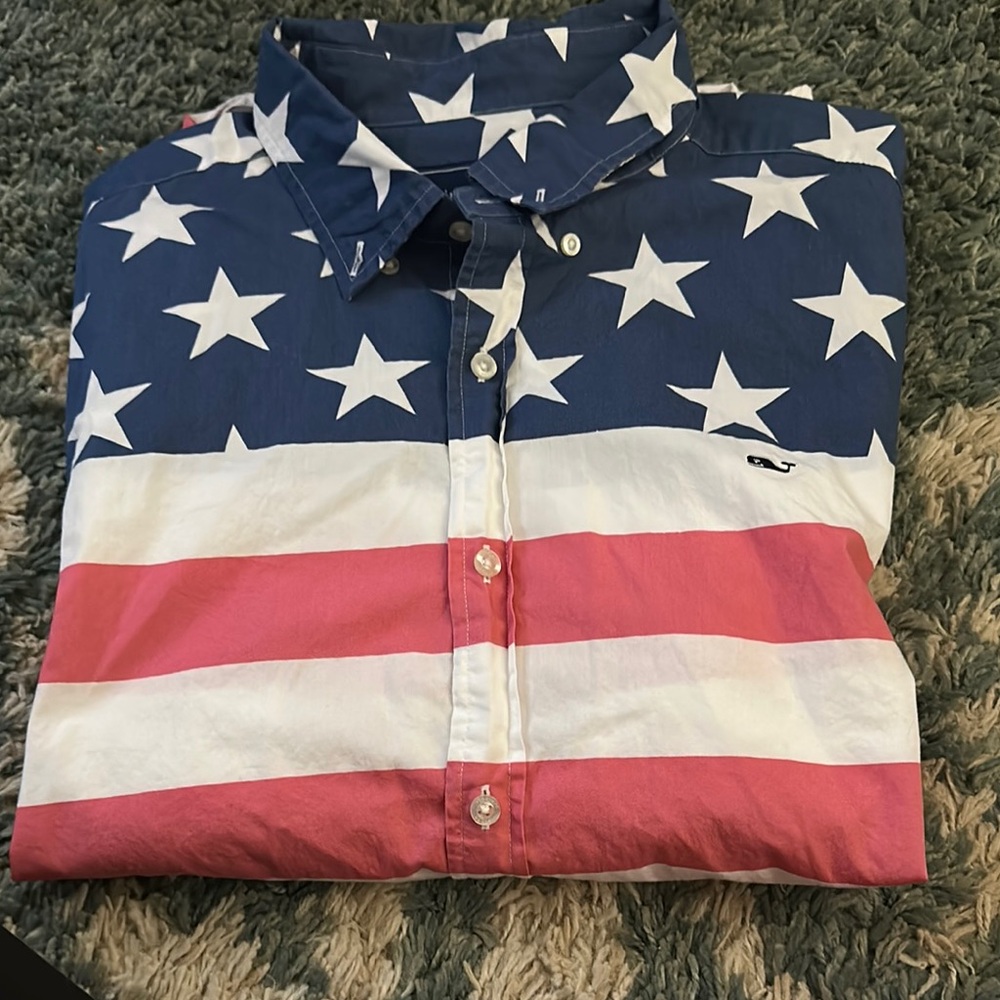 Casual Blue and Red Button Down Shirt with Star Design